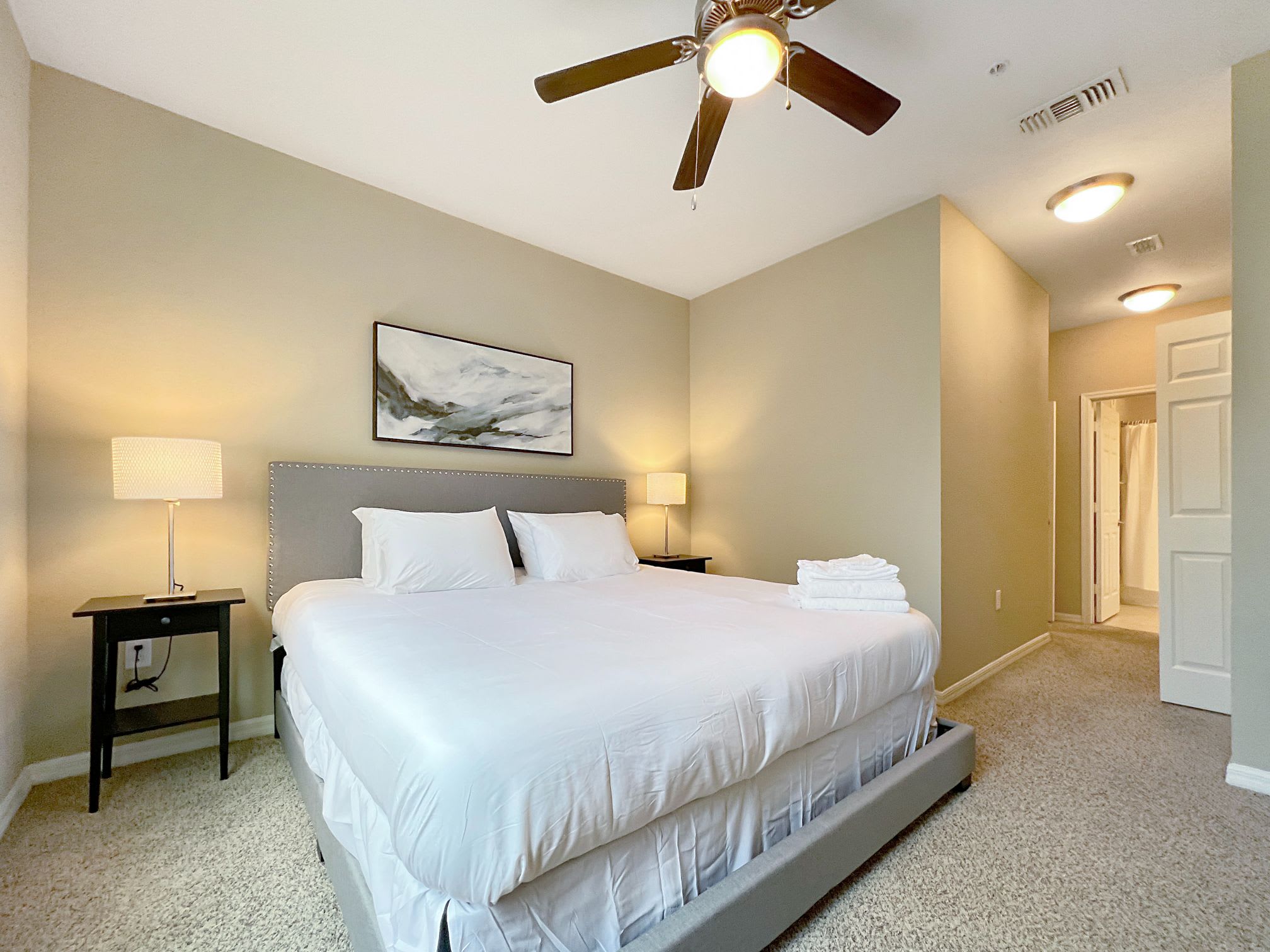 Modern bedroom in a fully furnished Tampa rental designed for comfortable extended stays
