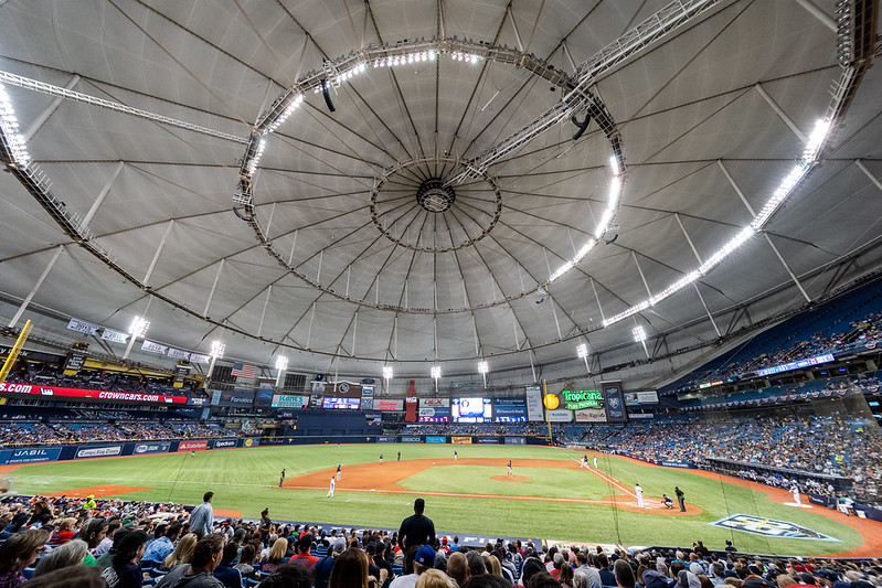 Interior view of Tampa Bay Rays stadium and proposed new ballpark development in Tampa